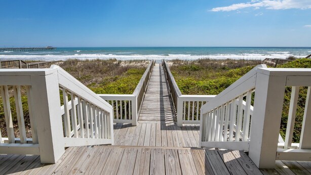 A wooden boardwalk leading to the beach with white railings. - Oceanfront Family Retreat / Pool, Hot Tub, Elevator, Well stocked kitchen (North Topsail)