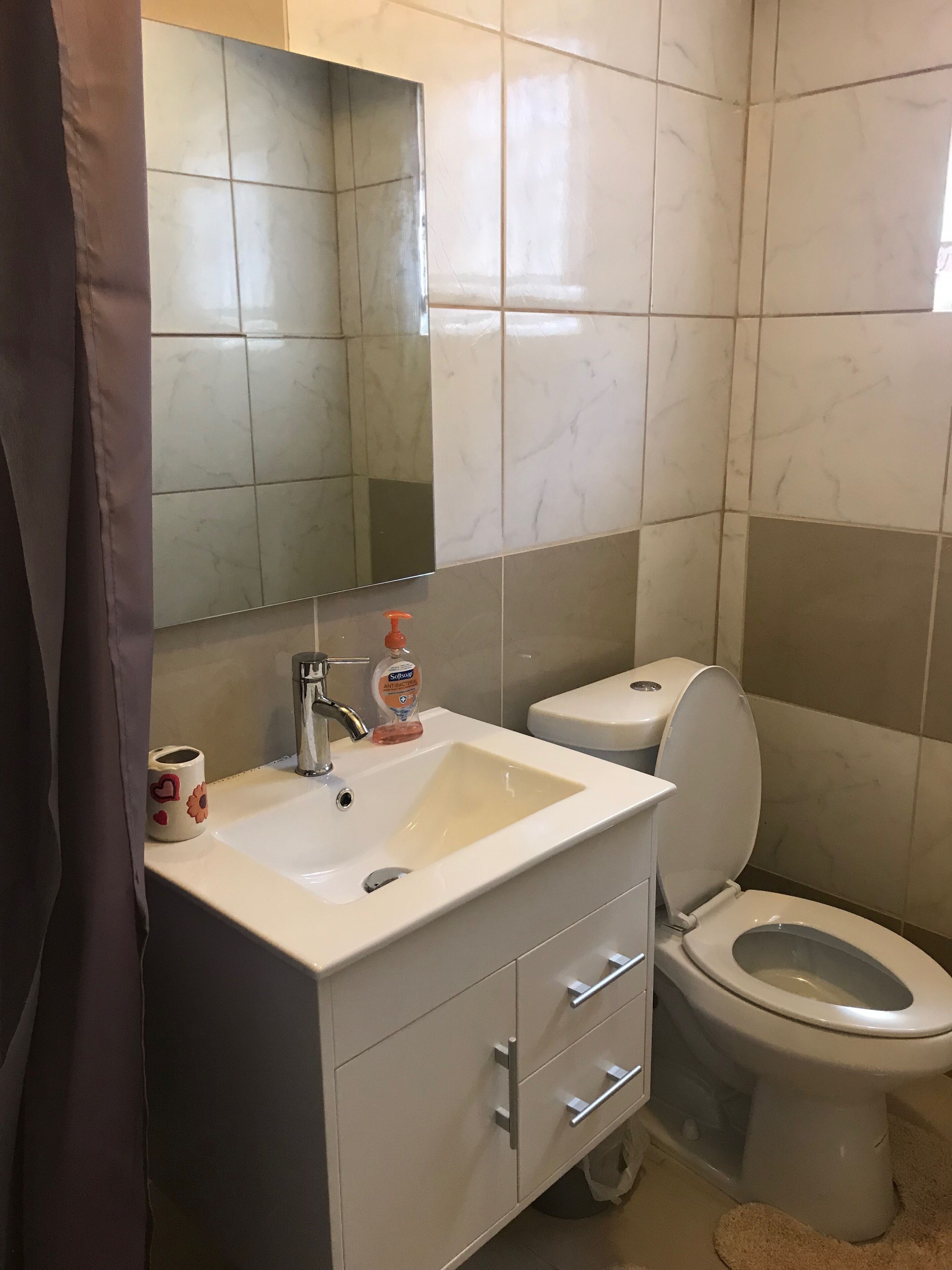 Een badkamer met een wit wastafel, een spiegel, een toilet en een douchegordijn.