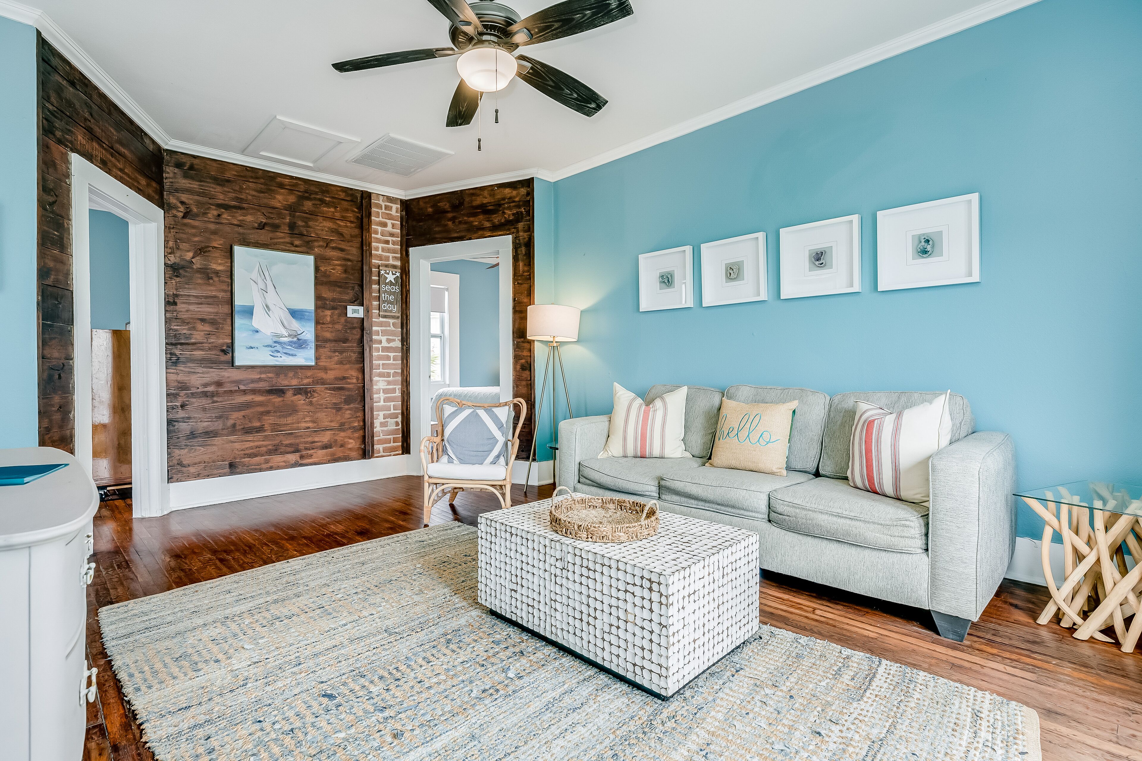 Gulf-view perch with WiFi, private deck, central AC, shared grill, yard, & w/d