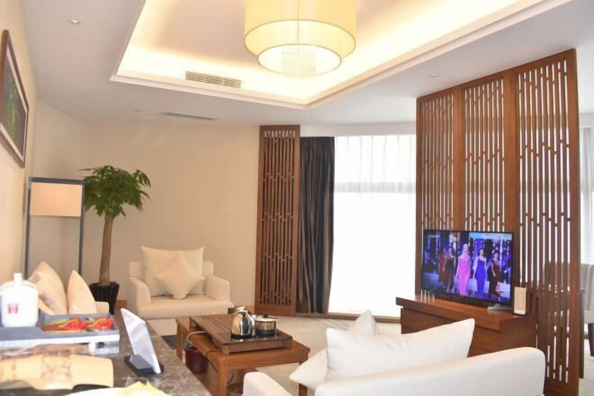 A modern living room with a sofa, coffee table, TV, and decorative screens.