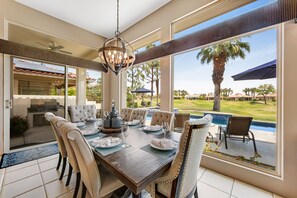 Outdoor dining - PGA West Retreat with Golf Course Views and Pool. Pet Friendly! (La Quinta)