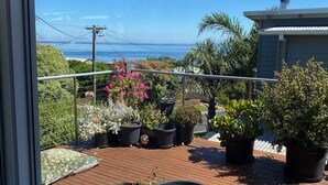 A balcony with potted plants and a view of the ocean. - Salty Paws Dog Friendly Luxe Cottage (San Remo)