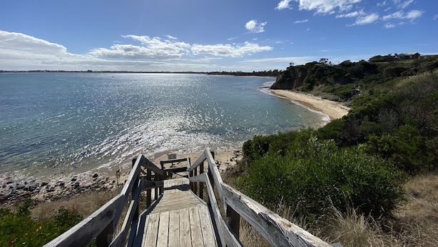 A wooden boardwalk leading to a beach with clear blue water and a sunny sky. - Salty Paws Dog Friendly Luxe Cottage (San Remo)
