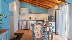 Una cucina compatta con soffitto in legno, una zona pranzo con tavolo e sedie e un televisore nell'angolo.