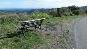 A bench on a grassy hillside overlooking a road and distant hills. - Apartment Giallo by Interhome (Vasia)
