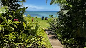 Un sentier qui mène à une plage bordée de palmiers et d’où l’on a une vue dégagée sur l’océan.