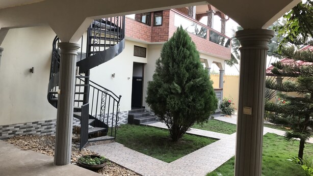 Une cour intérieure avec un escalier en colimaçon, un grand arbre à feuilles persistantes et un bâtiment à la façade en briques.
