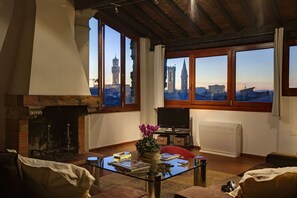 A living room with a fireplace, large windows, a television, and a radiator.