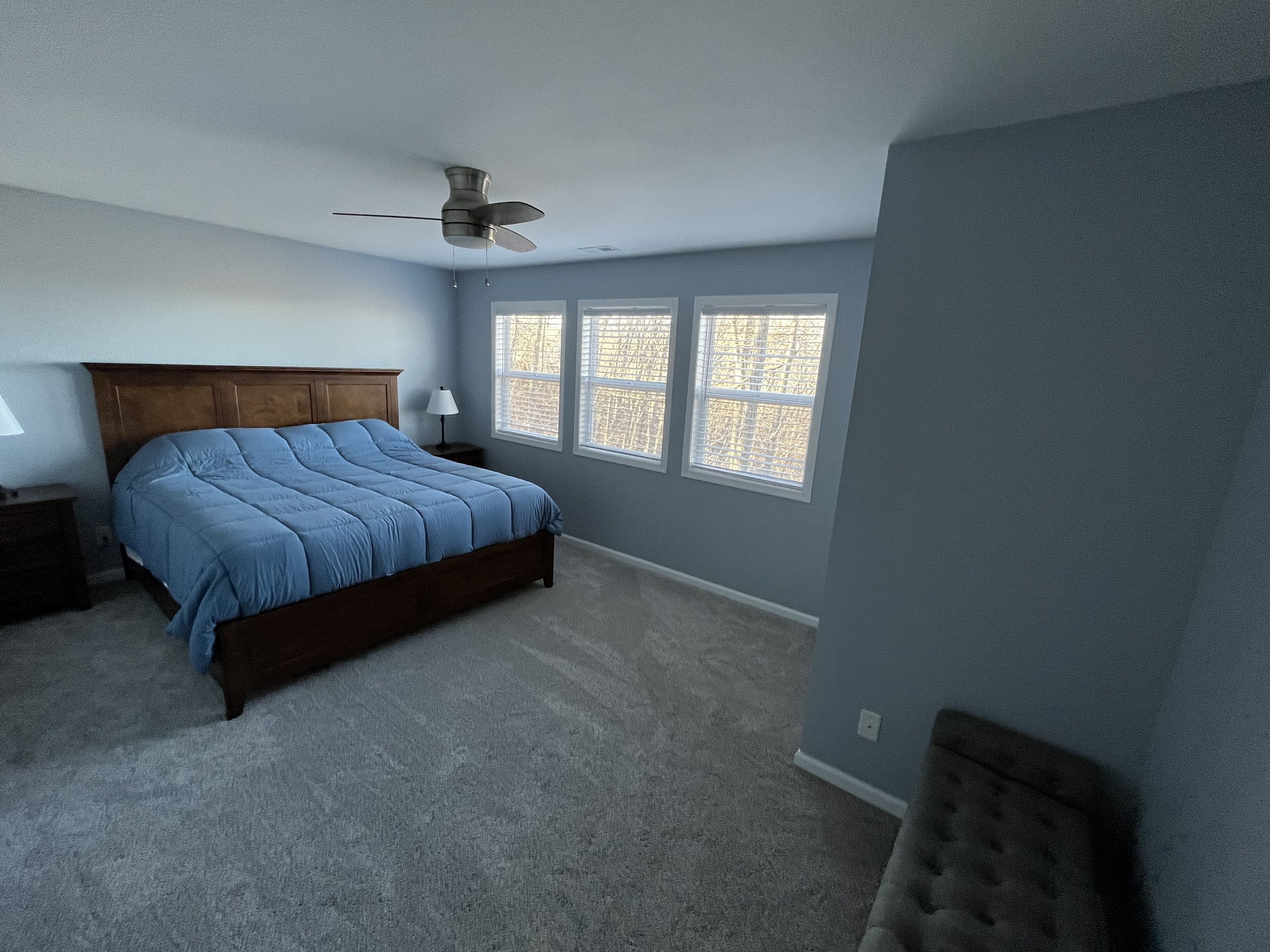 A bedroom with a bed, a nightstand, a ceiling fan, and three windows.