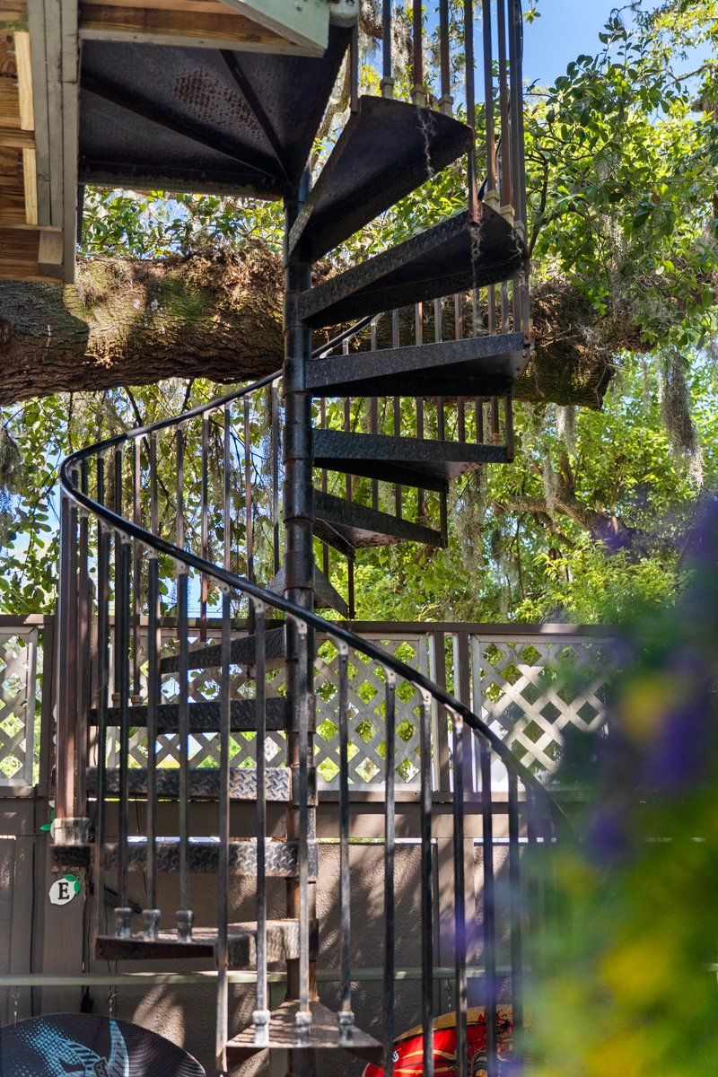 A spiral staircase with a metal railing, surrounded by greenery and a white lattice fence.