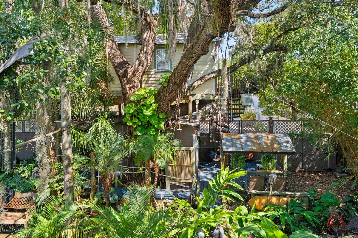 A lush garden with a variety of plants and trees, a wooden deck, and a house with a thatched roof.
