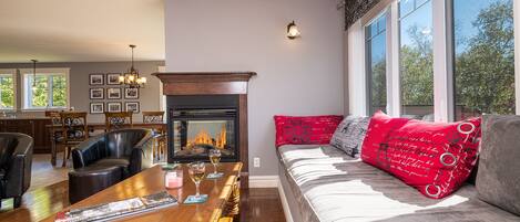 Smart TV, chimenea, libros y estéreo