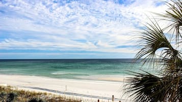 On the beach, sun loungers