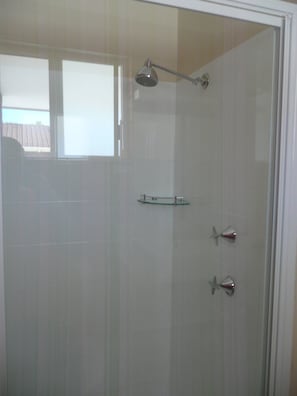 Combined shower/tub, hair dryer, towels, soap