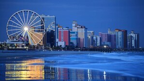 A city skyline with a large Ferris wheel and modern buildings.