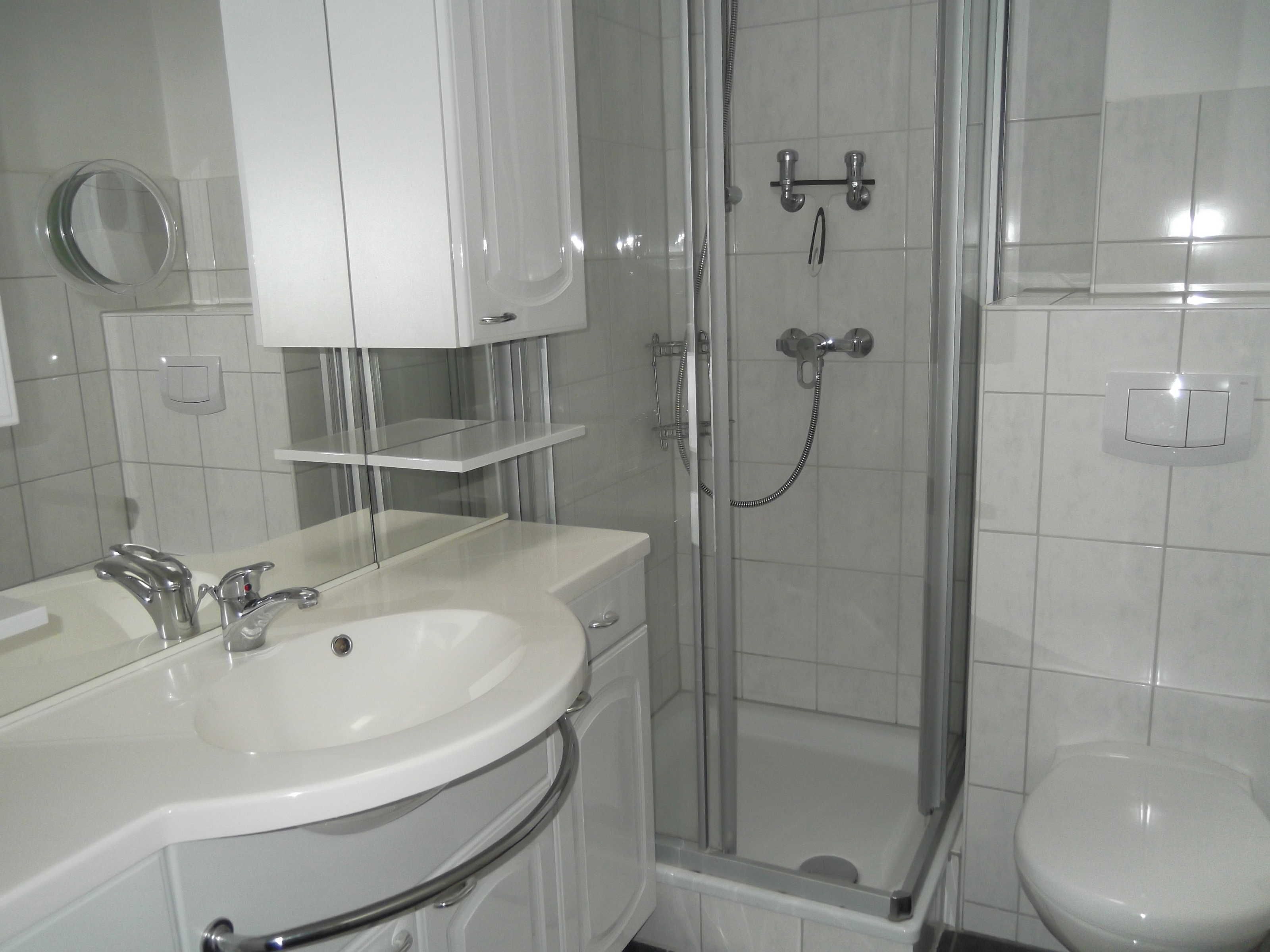 A bathroom with a white sink, mirror, and toilet, a glass shower enclosure, and a white vanity with a mirror.
