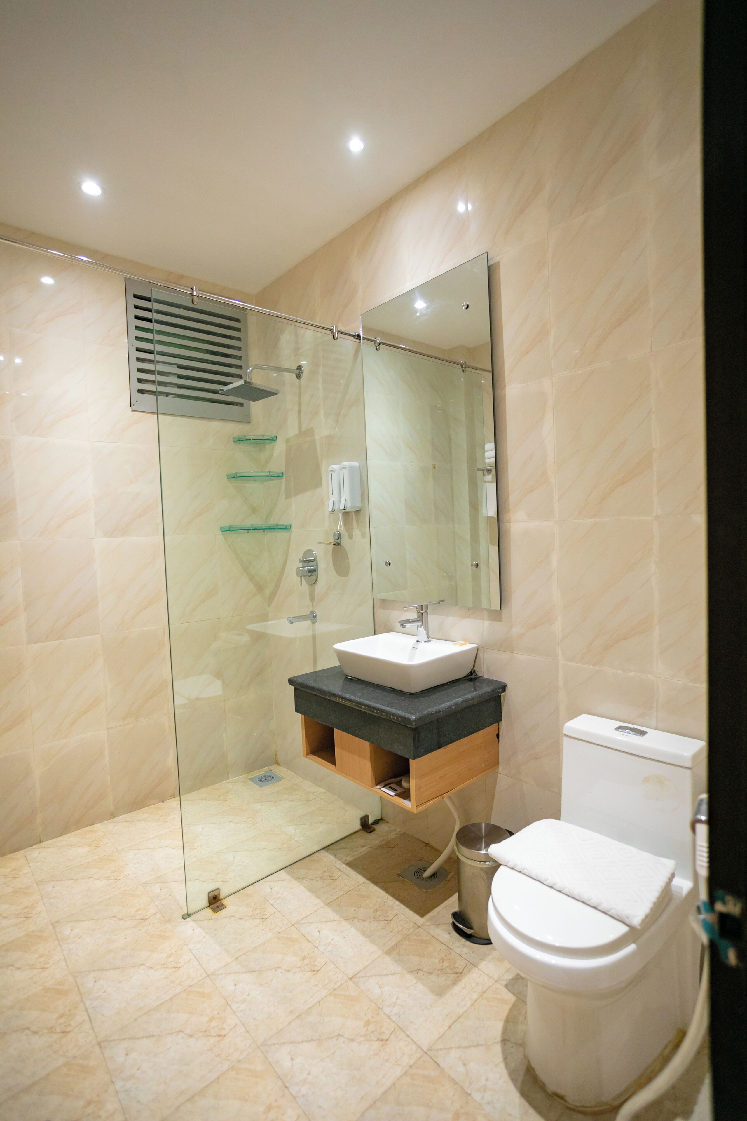 A modern bathroom with a glass-enclosed shower, a sink with a mirror above, and a toilet.