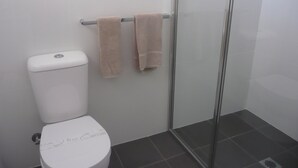 Une salle de bain équipée de toilettes, d’une douche à parois de verre et de deux serviettes suspendues à un porte-serviettes.