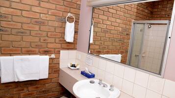 Een badkamer met een witte wastafel, een spiegel en een douche. Er hangen witte handdoeken aan een rek en een blauwe zeepdispenser staat op het aanrecht.