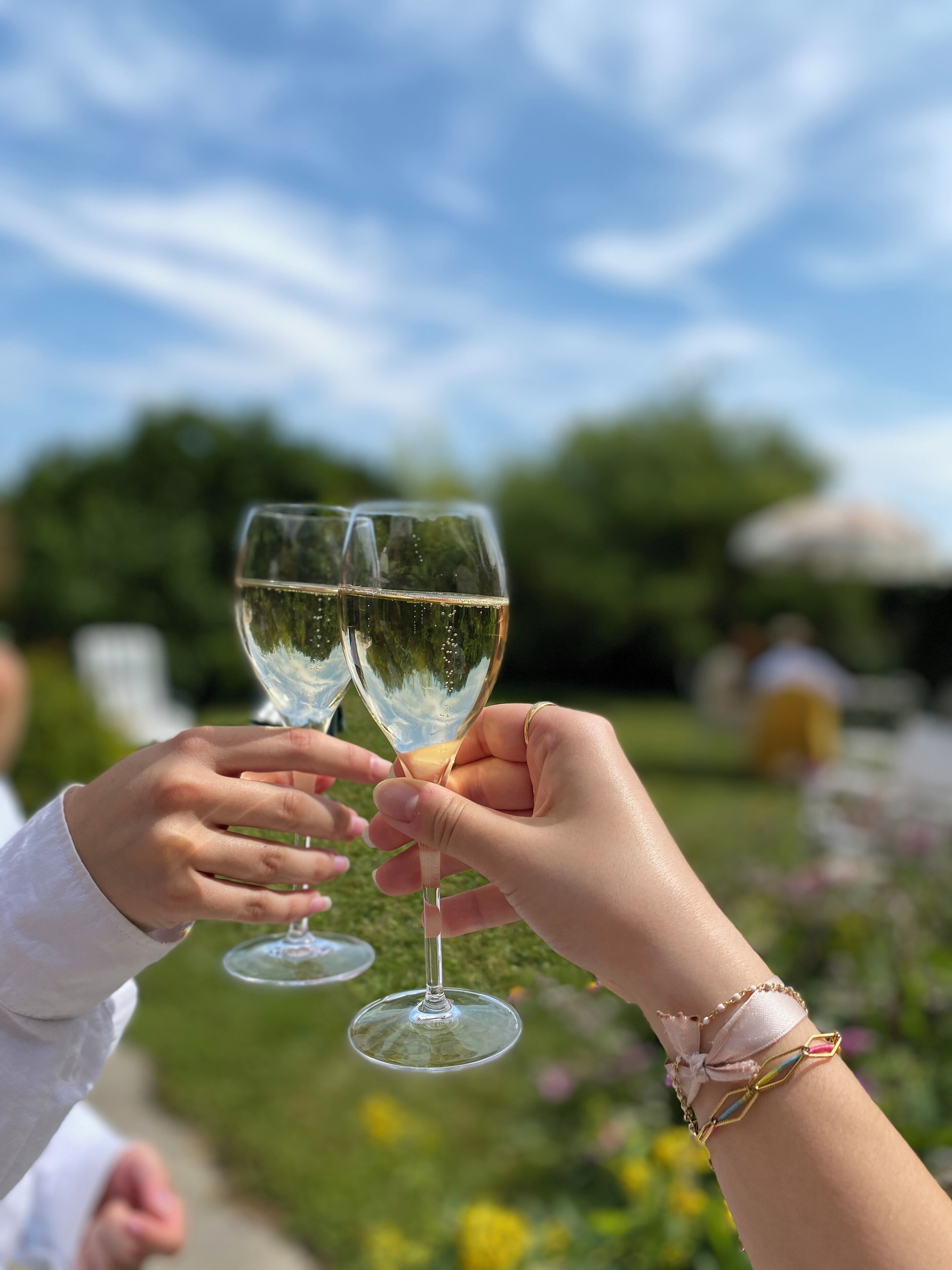 Two hands holding wine glasses, with a blurred outdoor background.