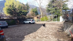 A paved parking area with a white car and a dog. - Apartment 'Annabelle' with Shared Garden, Wi-Fi, and Optional Private Pool Use (Lana)