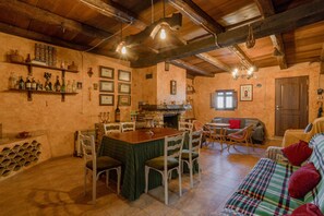 Ein rustikaler Innenraum mit Esstisch, Stühlen, einer Couch und einem Kamin.