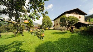 A building with a sloped roof and a garden with apple trees. - Studio 'Moserhof - Sunnseit' with Mountain View, Garden & Wi-Fi (Sarnthein)