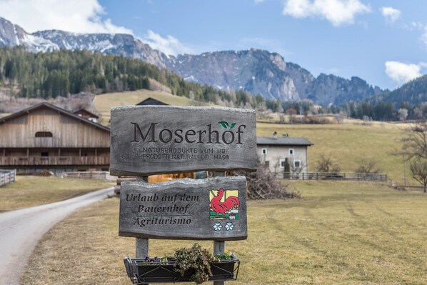 Une enseigne en bois, ornée d’un texte et d’un blason, se dressant sur un paysage rural avec des montagnes et des bâtiments en arrière-plan.