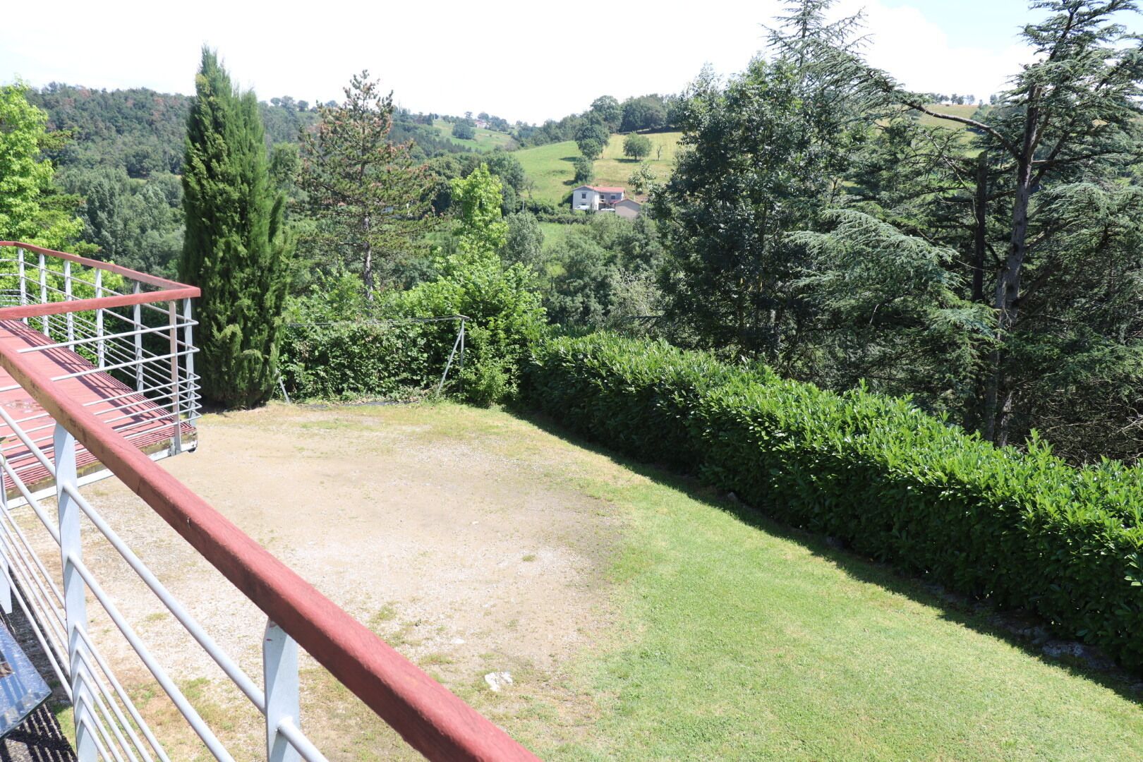 A fenced outdoor area with a grassy lawn and dense shrubbery.