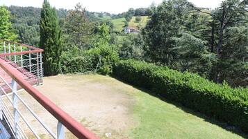 A fenced outdoor area with a grassy lawn and dense shrubbery.