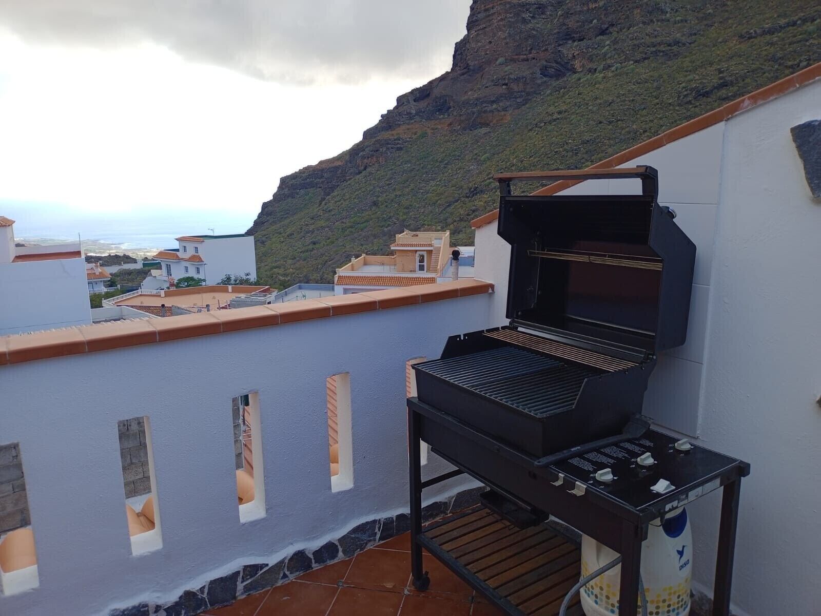 A rooftop with a barbecue grill, a view of the city, and a mountain in the background.