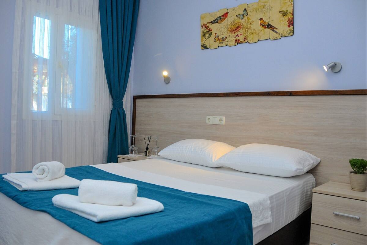 A neatly made bed with white and blue bedding, a wall-mounted light fixture, and a small potted plant on the nightstand.