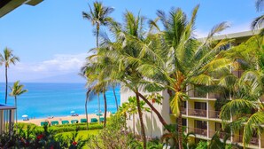 Un hôtel situé en bord de mer, avec des palmiers, une piscine et une vue sur l’océan.