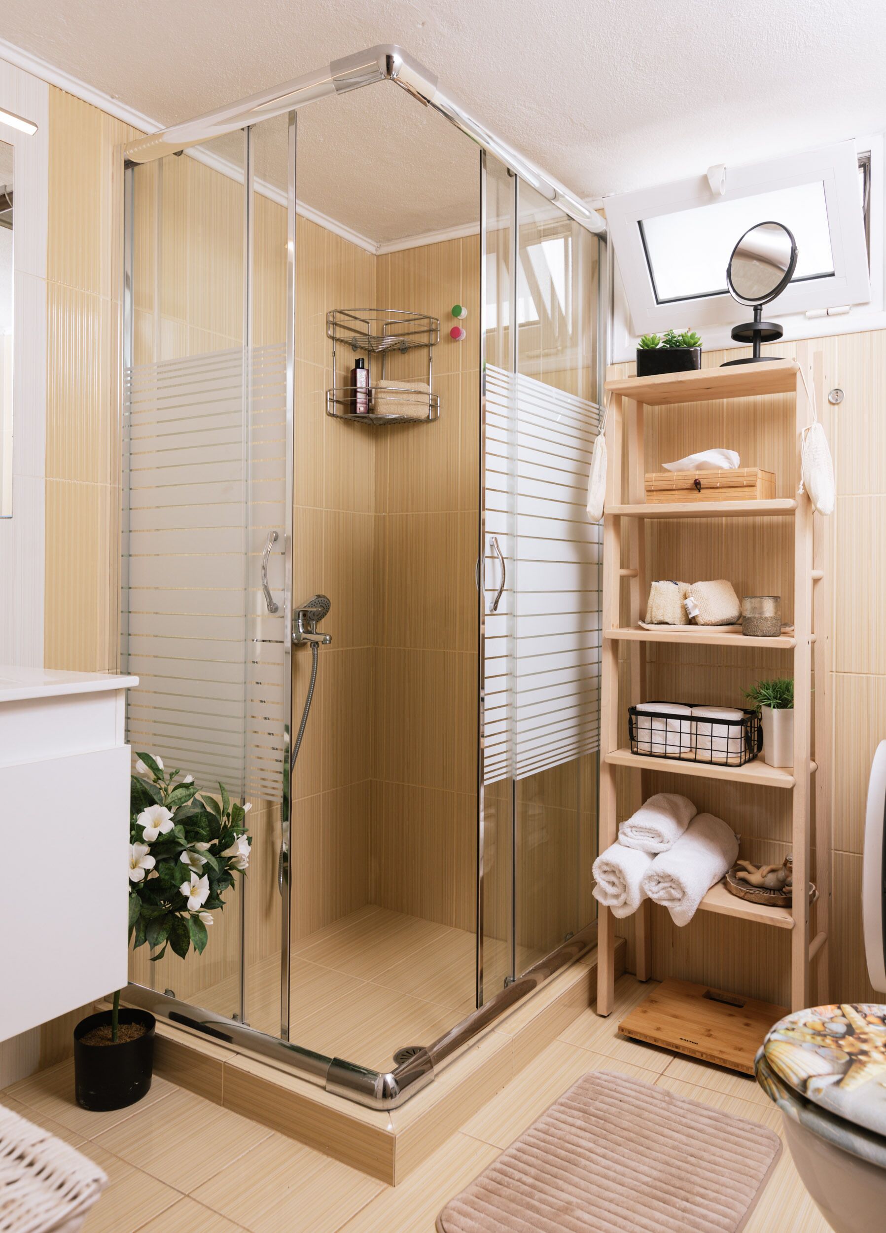 Shower, hair dryer, towels, toilet paper