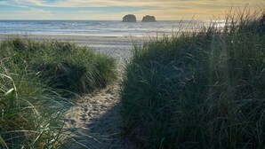 A beach path with grass leading to the sea, and two rock formations in the distance.