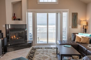Smart TV, fireplace, books