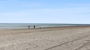 A wide sandy beach with footprints leading to the water.