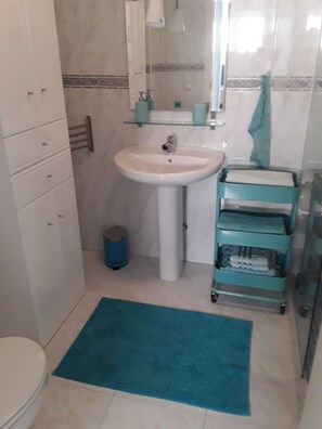 Douche, sĂšche-cheveux, serviettes fournies, papier toilette