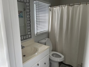 Bañera con ducha, secador de pelo, toallas, jabón
