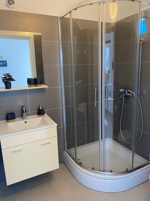 Douche, séchoir à cheveux, serviettes fournies, savon