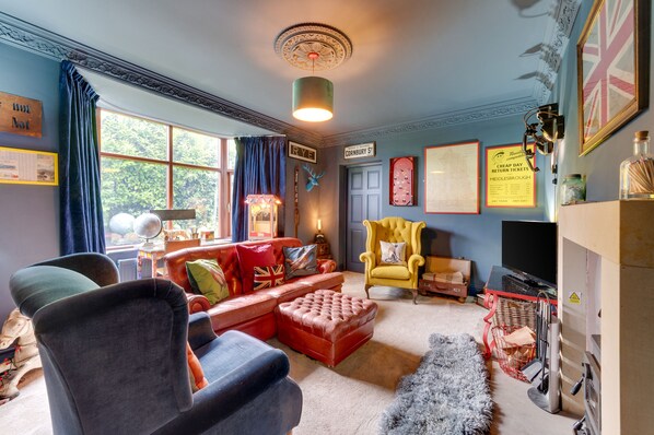 TV, fireplace, books