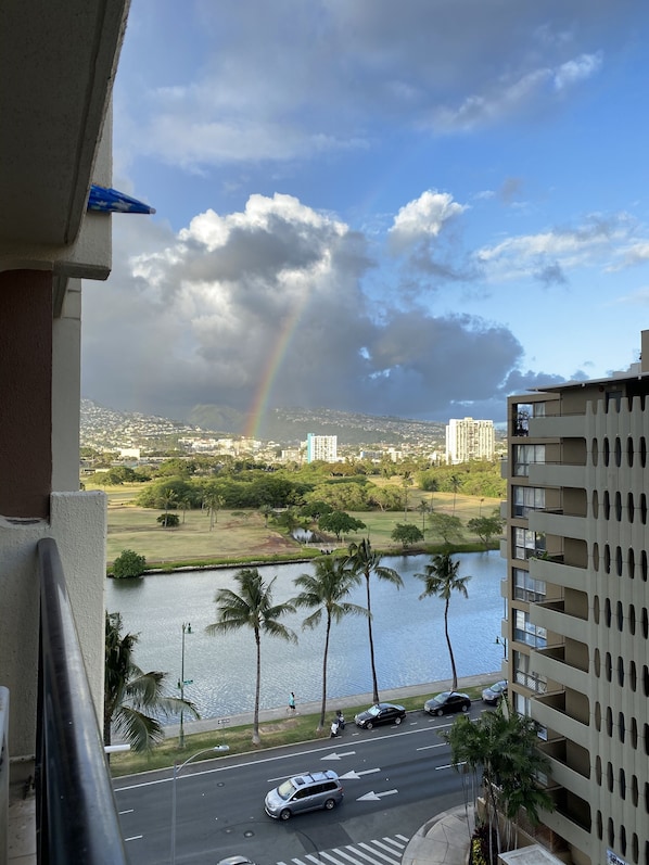A view of a cityscape with a river, palm trees, and a rainbow.