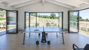 Una mesa de ping pong en una habitación amplia con grandes puertas de vidrio que dan a un balcón con vistas a un jardín.
