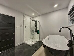 Regadera, toallas, papel de baño 