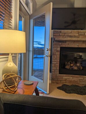 Smart TV, fireplace, DVD player, books