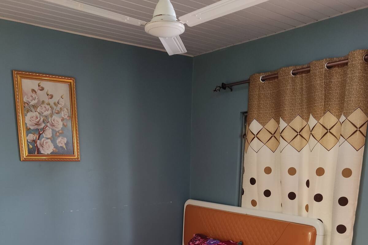 A bedroom with a bed, a ceiling fan, a wall-mounted picture, and a curtain.