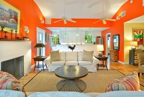 TV, fireplace, books, stereo