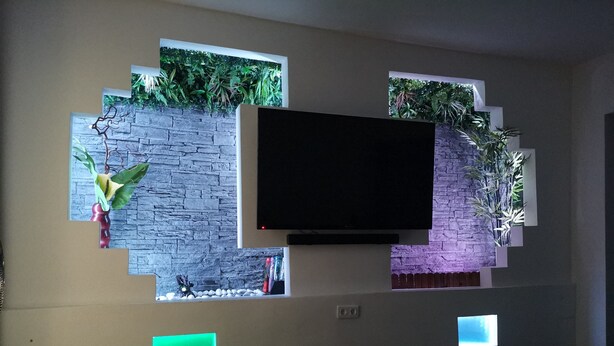 Une pièce dotée d’un téléviseur à écran plat fixé au mur, qui présente une texture rappelant la pierre. On y trouve de petites fenêtres ornées de plantes et une lumière verte.