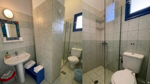 Une salle de bain équipée d’un lavabo, de toilettes et d’une douche à parois en verre.