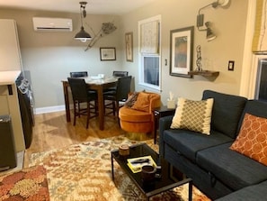 Smart TV, fireplace, books, printers